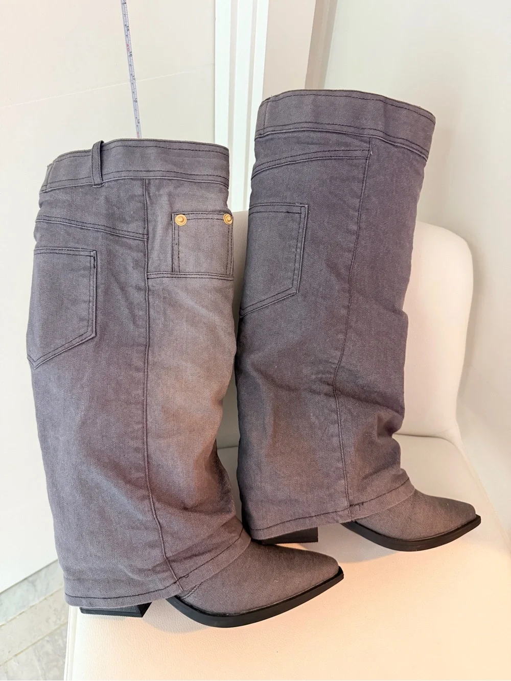NWT / New Without Box Over-The-Knee Fake Jean Pointed Toe Boots Grey Gold Accent